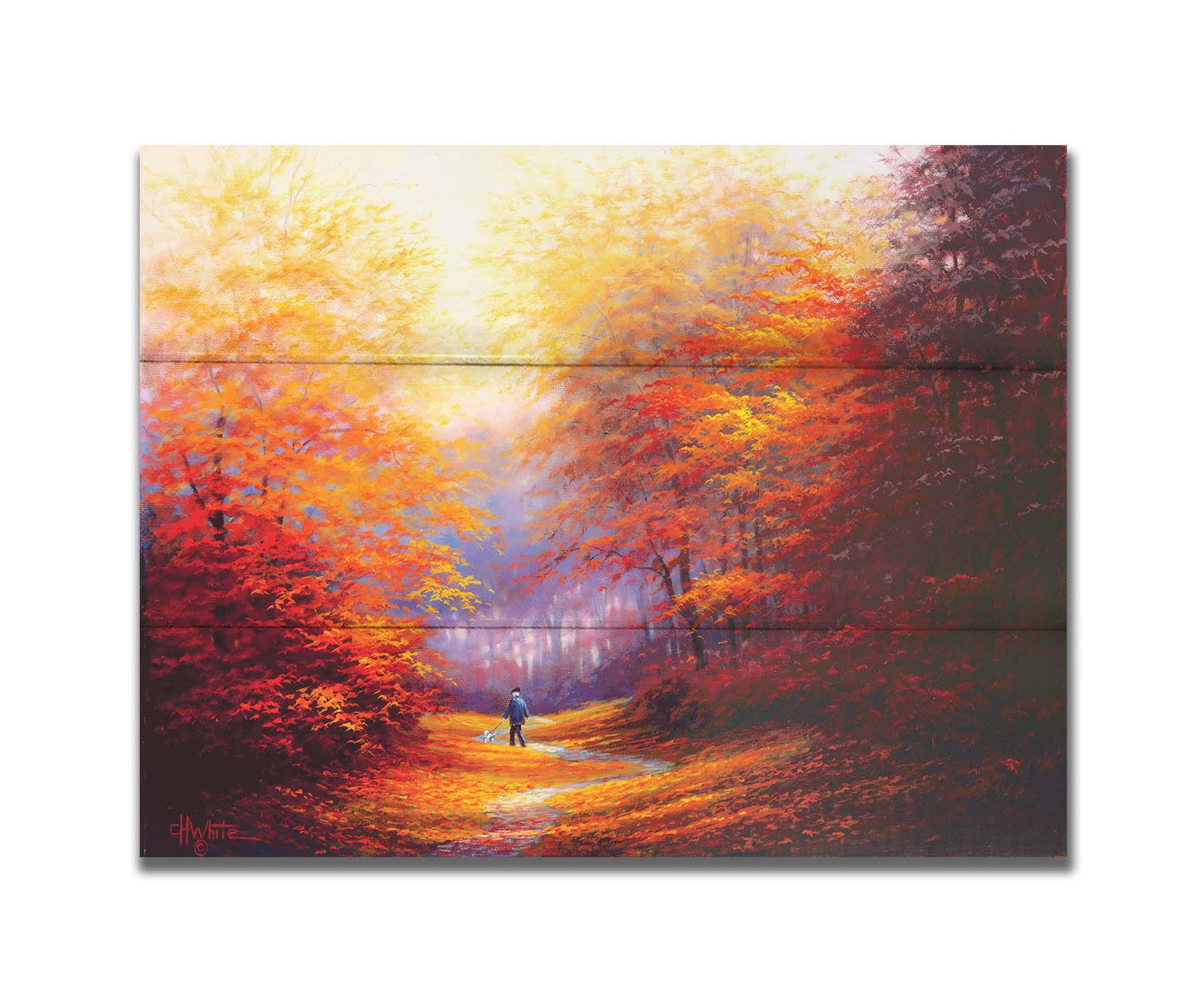 A painting of resplendent orange and red trees, a winding sidewalk through the woods, and a person walking their dog along the path. Printed on a box board.