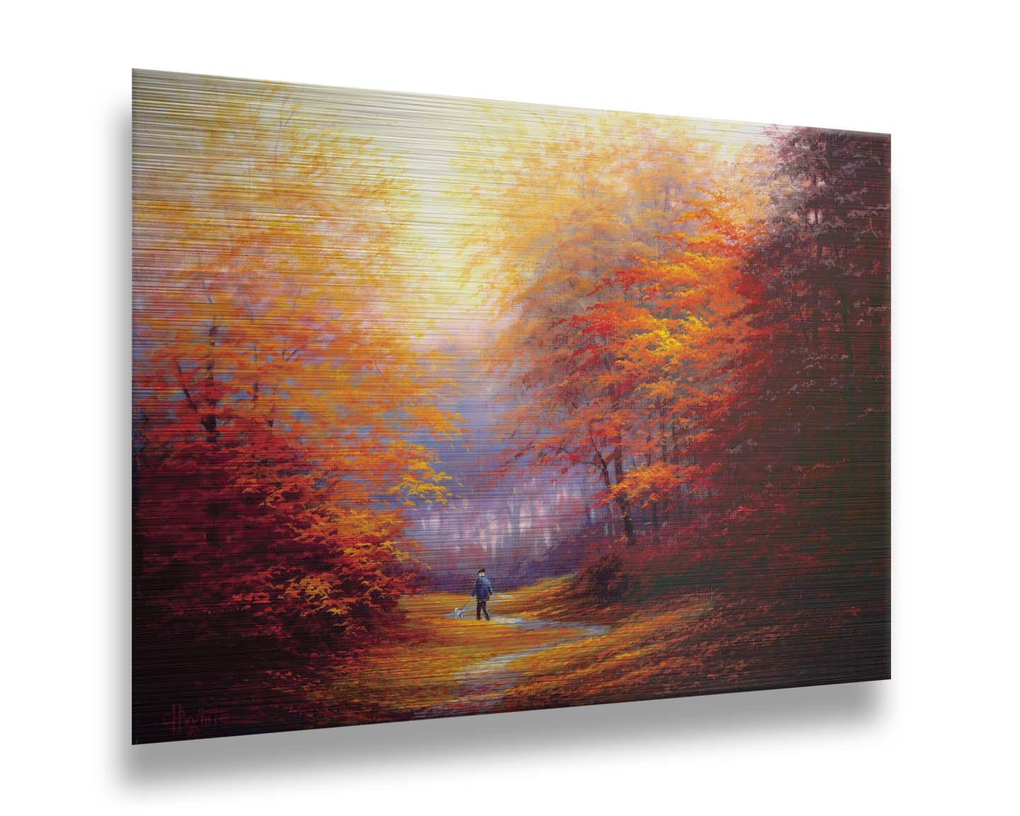 A painting of resplendent orange and red trees, a winding sidewalk through the woods, and a person walking their dog along the path. Printed on metal.