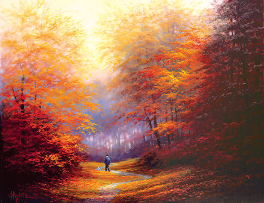 A painting of resplendent orange and red trees, a winding sidewalk through the woods, and a person walking their dog along the path.