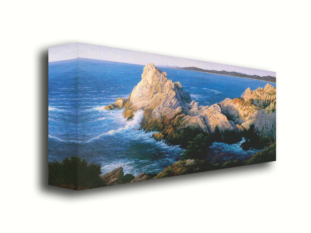 A painting of California's Cypress Grove, showing the seaside cliffs at sunset. Printed on canvas.