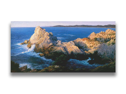 A painting of California's Cypress Grove, showing the seaside cliffs at sunset. Printed on canvas.