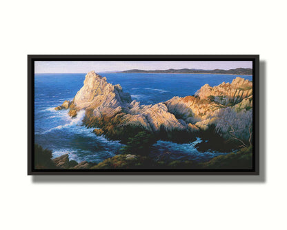 A painting of California's Cypress Grove, showing the seaside cliffs at sunset. Printed on canvas in a float frame.