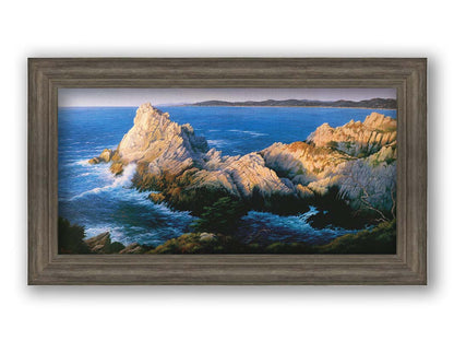 A painting of California's Cypress Grove, showing the seaside cliffs at sunset. Printed on canvas and framed.