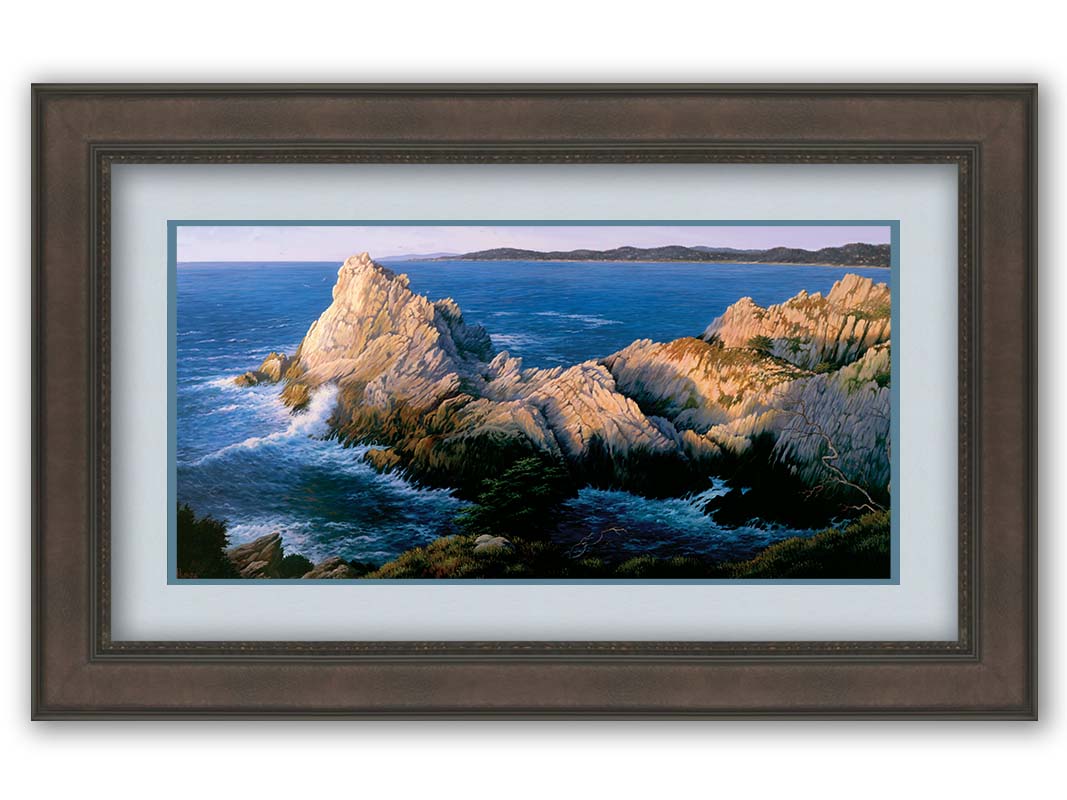 A painting of California's Cypress Grove, showing the seaside cliffs at sunset. Printed on paper, matted, and framed.