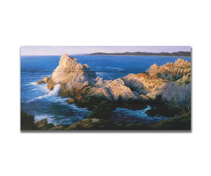 A painting of California's Cypress Grove, showing the seaside cliffs at sunset. Printed on a box board.