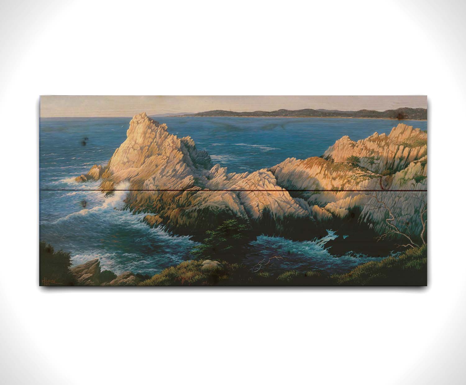 A painting of California's Cypress Grove, showing the seaside cliffs at sunset. Printed on a wood pallet.