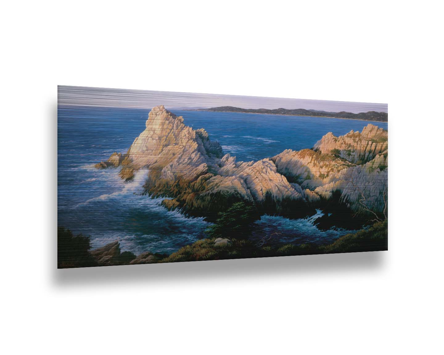 A painting of California's Cypress Grove, showing the seaside cliffs at sunset. Printed on metal.