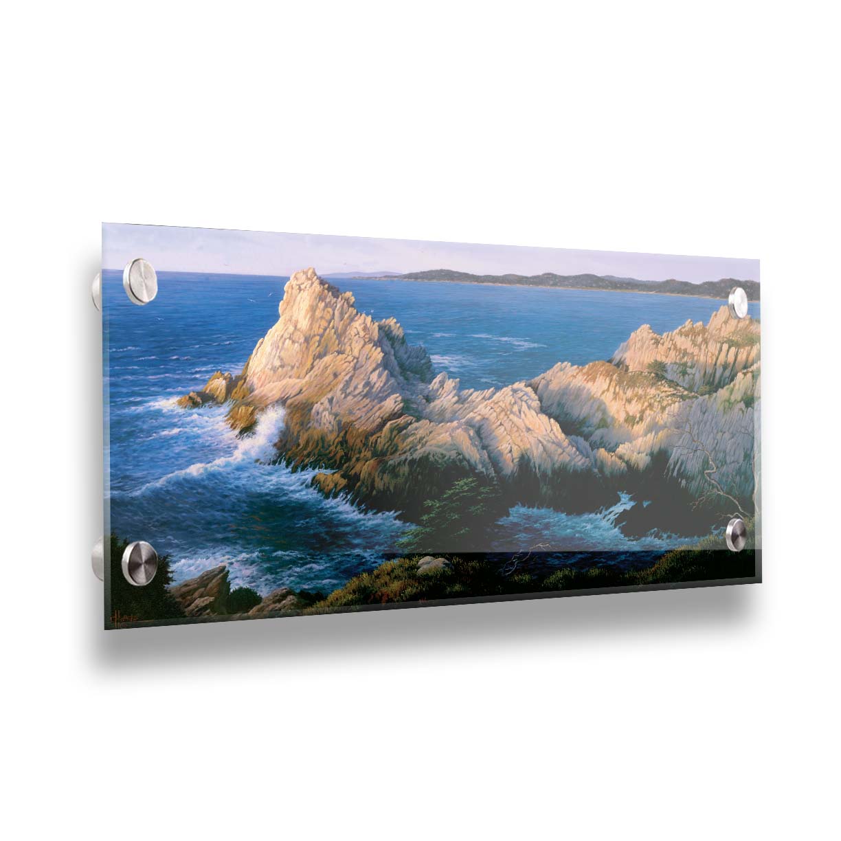 A painting of California's Cypress Grove, showing the seaside cliffs at sunset. Printed on acrylic.