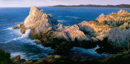 A painting of California's Cypress Grove, showing the seaside cliffs at sunset. 