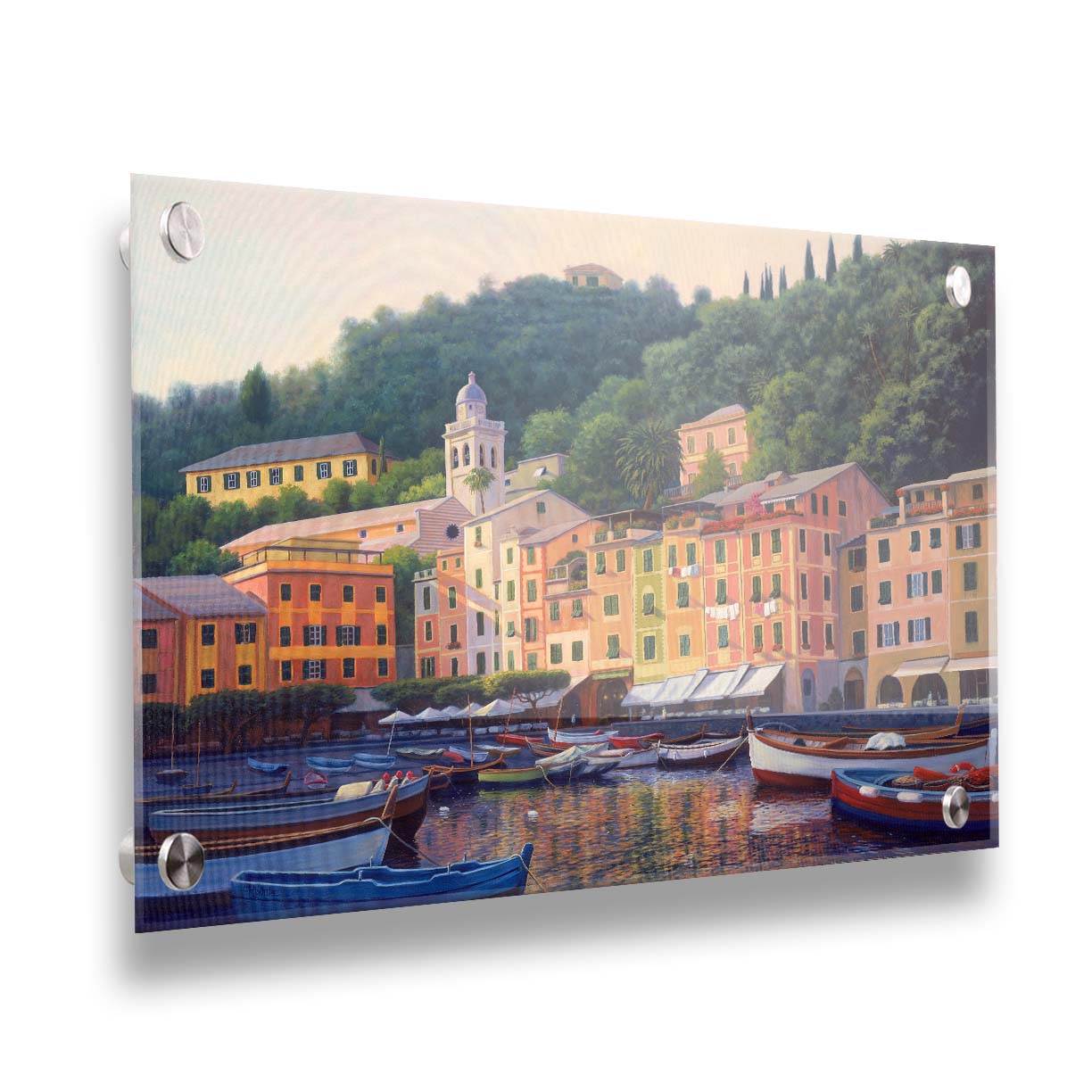 A painting of the colorful fishing town of Portofino. Many small boats are docked in the waters in the foreground, and the steep hills in the background are lush with trees. Printed on acrylic.