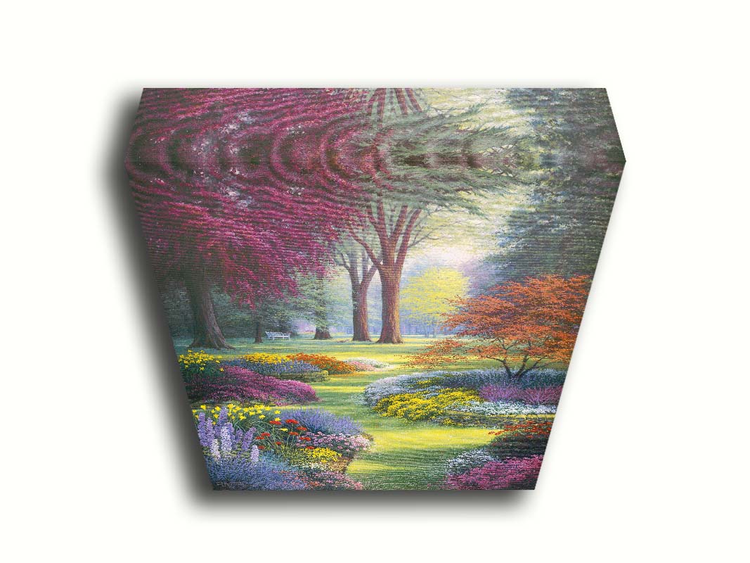 A painting of a garden with flowerbeds filled with pink, purple, yellow, and white flowers. Trees such as Japanese maples add to the colorful nature of the park with their red and purple leaves. Printed on canvas.