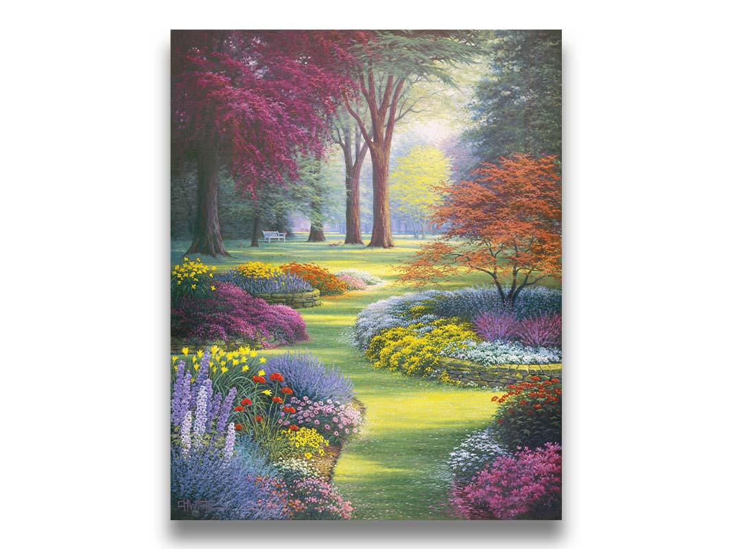 A painting of a garden with flowerbeds filled with pink, purple, yellow, and white flowers. Trees such as Japanese maples add to the colorful nature of the park with their red and purple leaves. Printed on canvas.