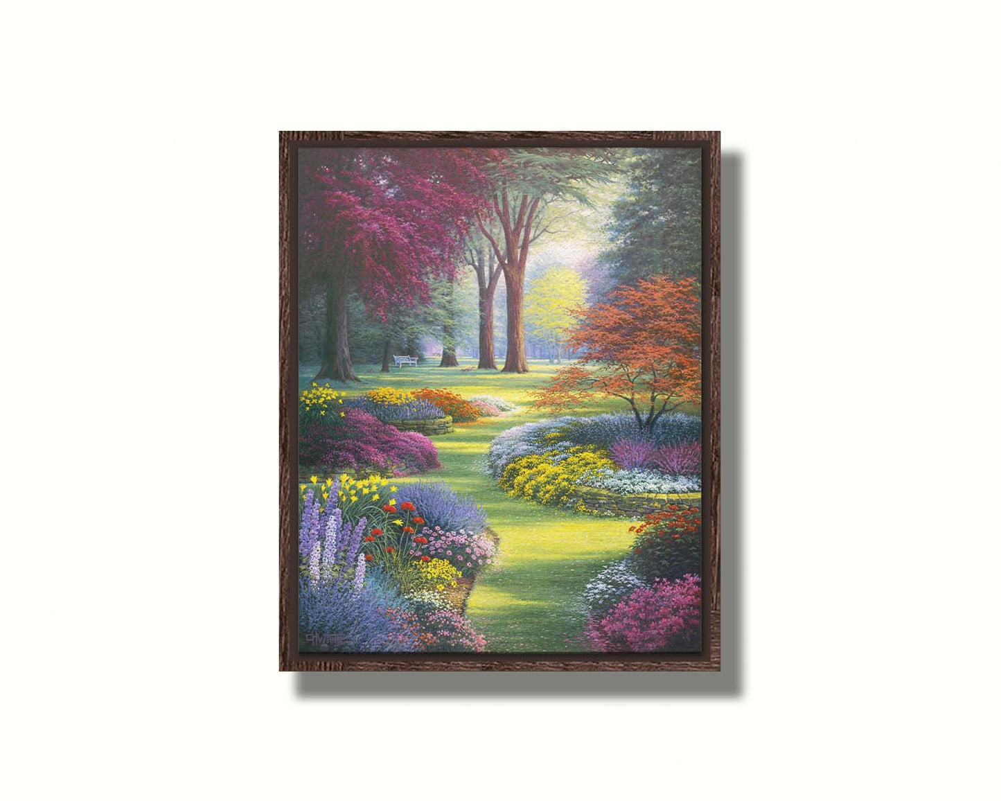 A painting of a garden with flowerbeds filled with pink, purple, yellow, and white flowers. Trees such as Japanese maples add to the colorful nature of the park with their red and purple leaves. Printed on canvas in a float frame.