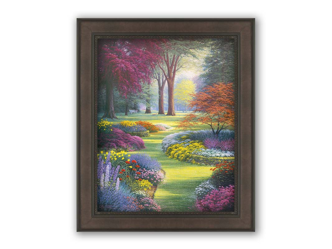 A painting of a garden with flowerbeds filled with pink, purple, yellow, and white flowers. Trees such as Japanese maples add to the colorful nature of the park with their red and purple leaves. Printed on canvas and framed.