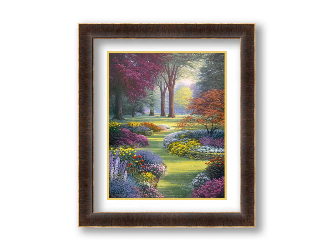 A painting of a garden with flowerbeds filled with pink, purple, yellow, and white flowers. Trees such as Japanese maples add to the colorful nature of the park with their red and purple leaves. Printed on paper, matted, and framed.