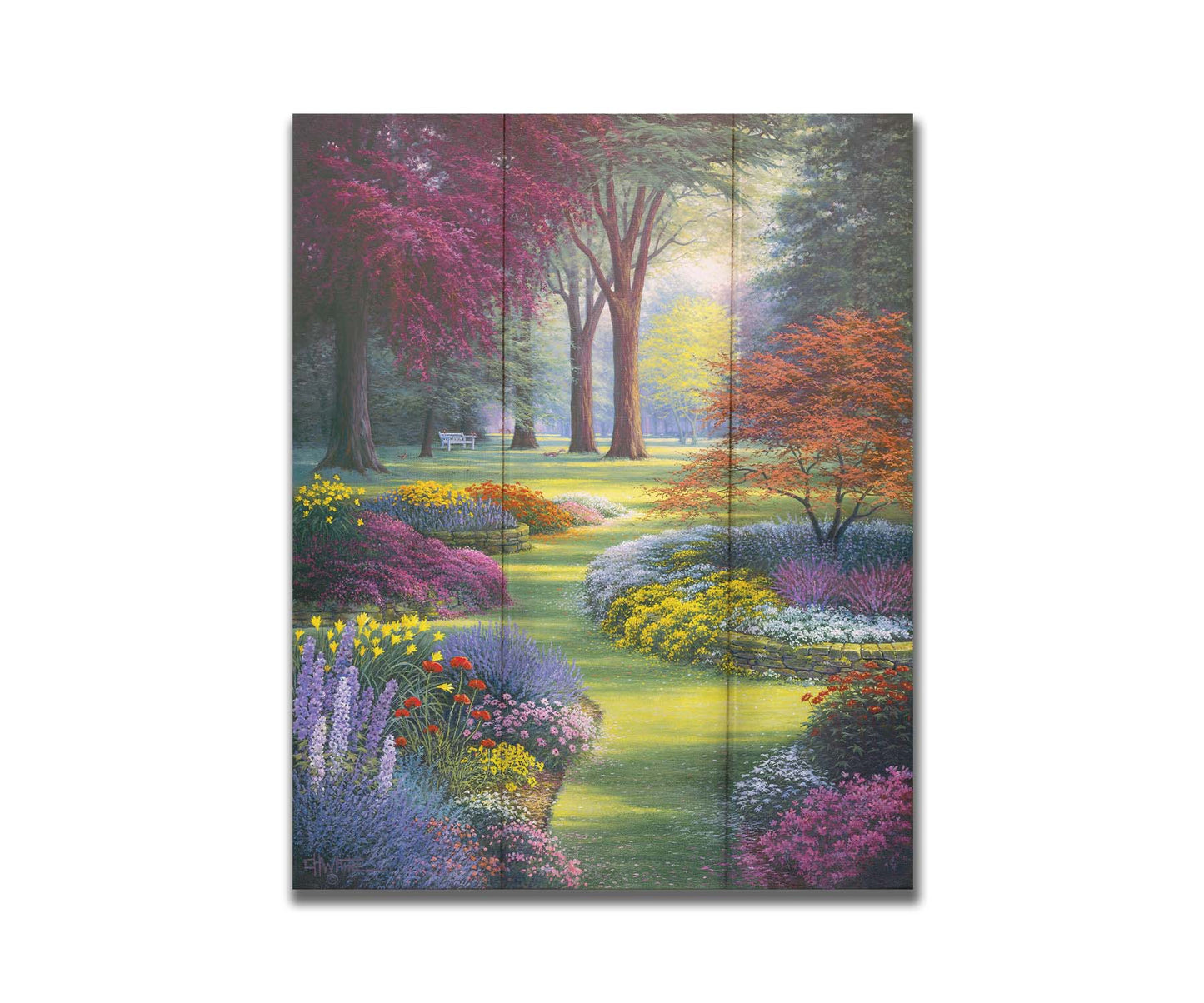 A painting of a garden with flowerbeds filled with pink, purple, yellow, and white flowers. Trees such as Japanese maples add to the colorful nature of the park with their red and purple leaves. Printed on a box board.