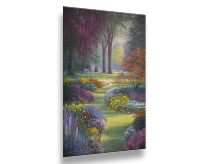 A painting of a garden with flowerbeds filled with pink, purple, yellow, and white flowers. Trees such as Japanese maples add to the colorful nature of the park with their red and purple leaves. Printed on metal.