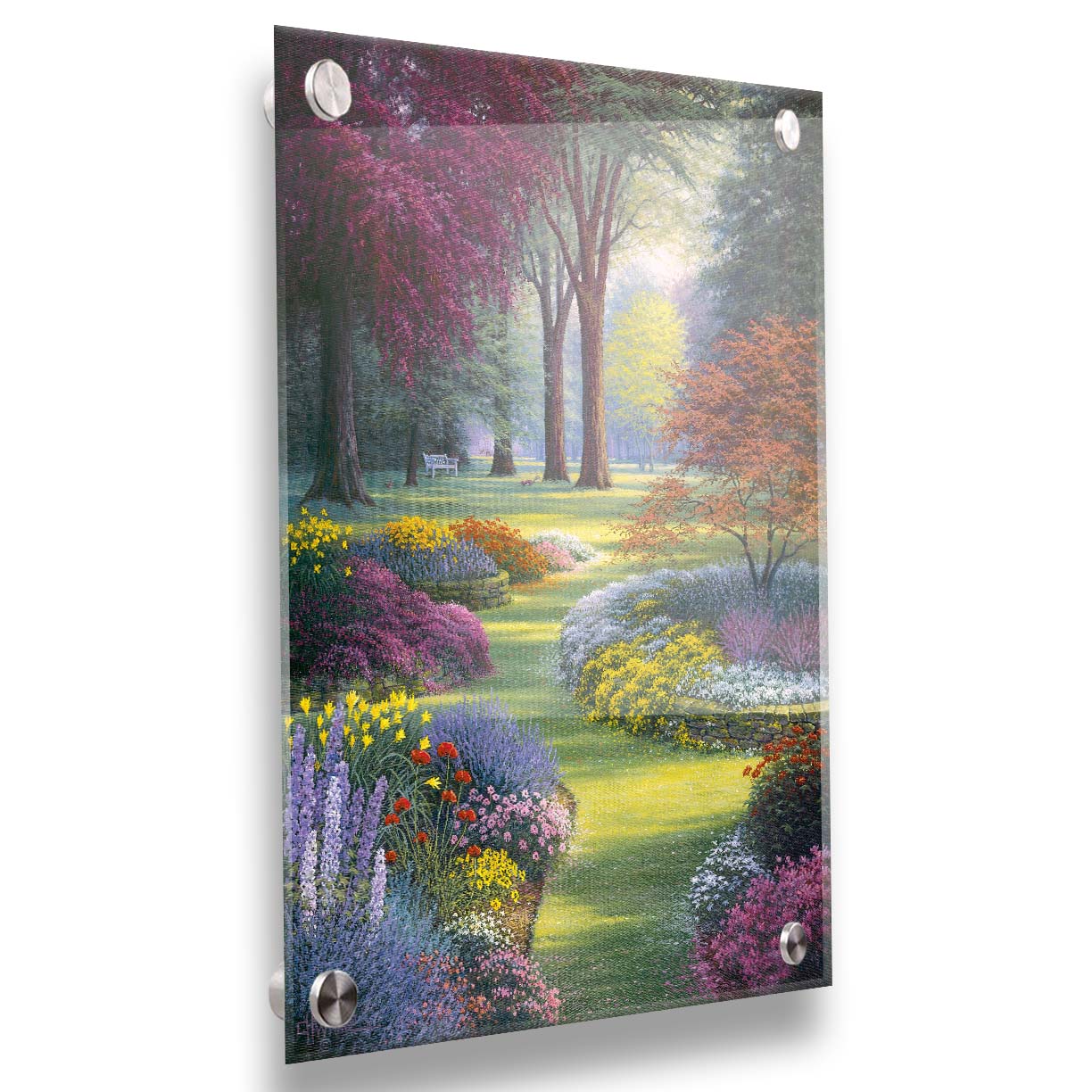 A painting of a garden with flowerbeds filled with pink, purple, yellow, and white flowers. Trees such as Japanese maples add to the colorful nature of the park with their red and purple leaves. Printed on acrylic.