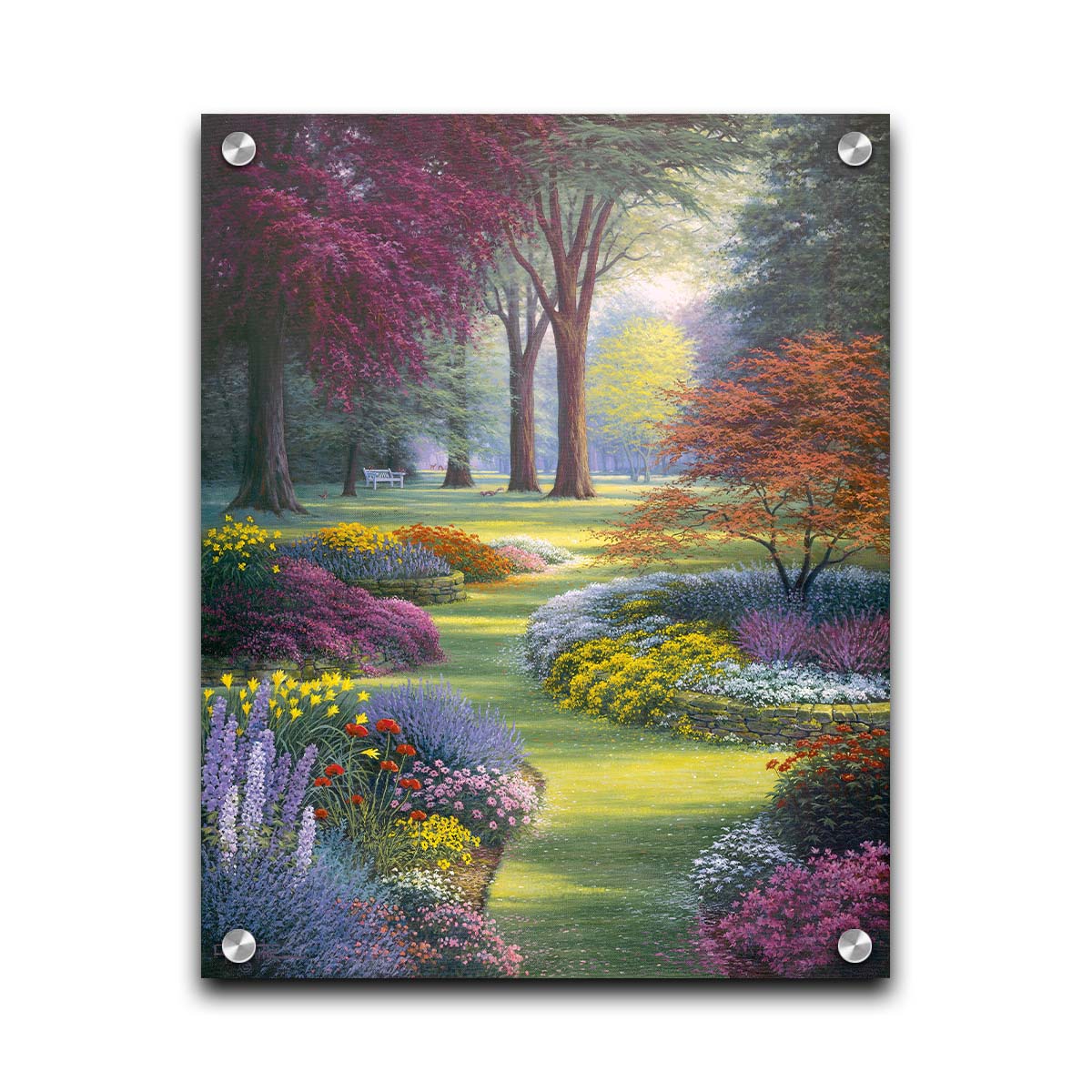 A painting of a garden with flowerbeds filled with pink, purple, yellow, and white flowers. Trees such as Japanese maples add to the colorful nature of the park with their red and purple leaves. Printed on acrylic.