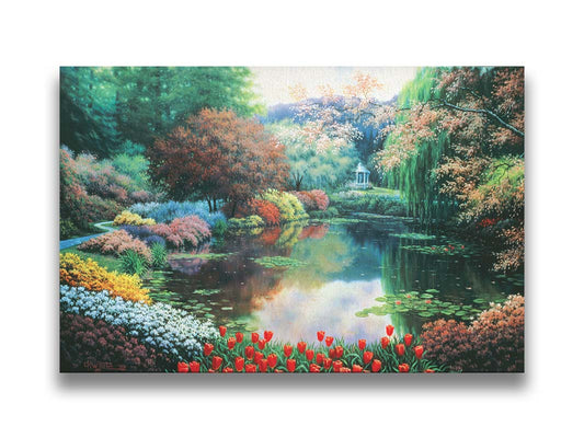 A painting of a landscape of a garden pond adorned with lily pads and vibrant flowers, with a gazebo in the distance. Printed on canvas.