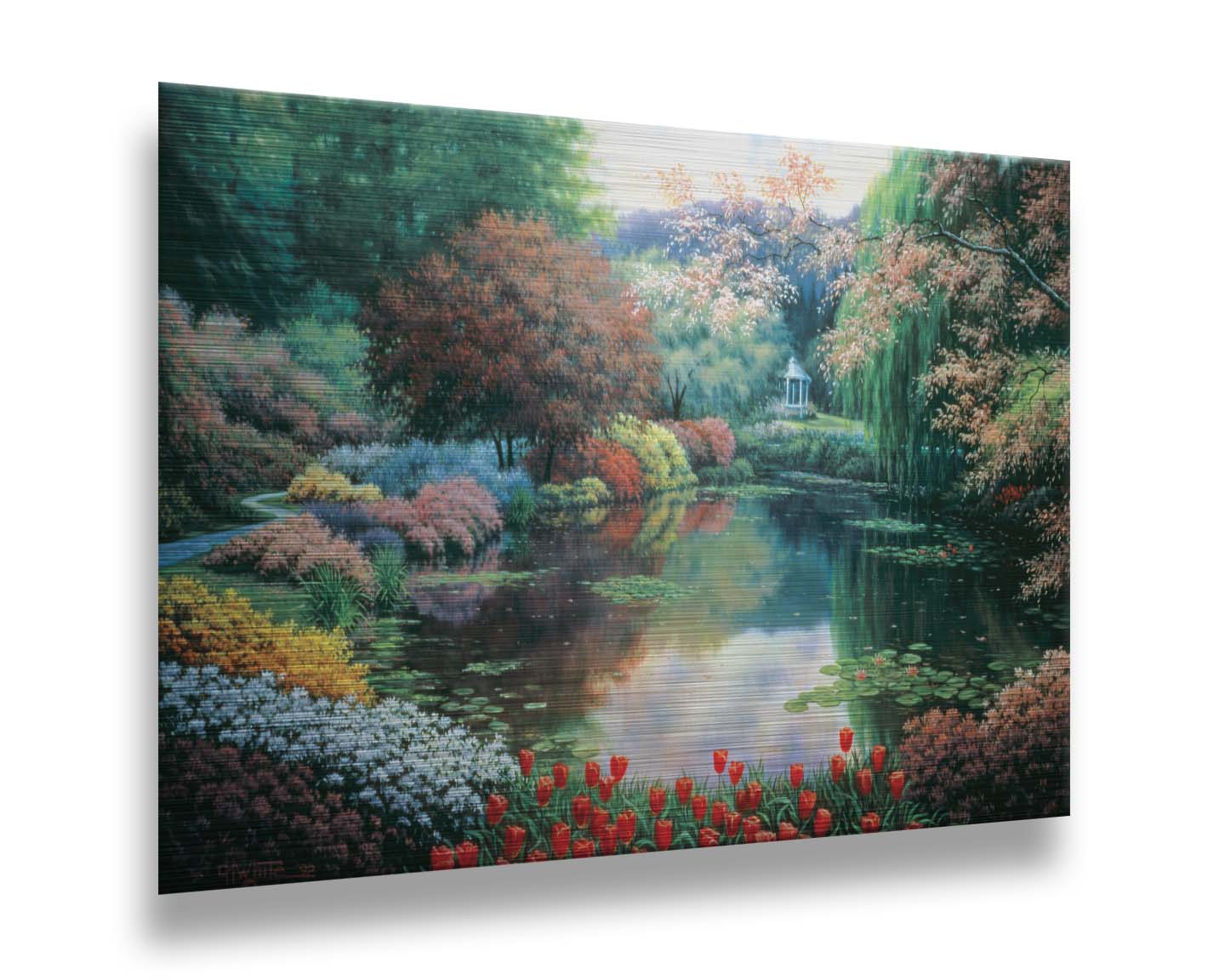 A painting of a landscape of a garden pond adorned with lily pads and vibrant flowers, with a gazebo in the distance. Printed on metal.