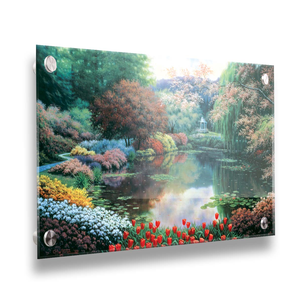 A painting of a landscape of a garden pond adorned with lily pads and vibrant flowers, with a gazebo in the distance. Printed on acrylic.