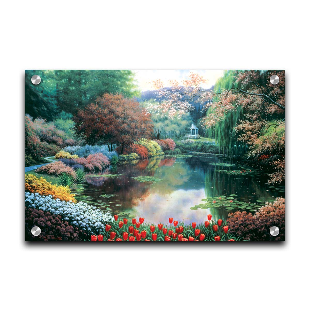 A painting of a landscape of a garden pond adorned with lily pads and vibrant flowers, with a gazebo in the distance. Printed on acrylic.