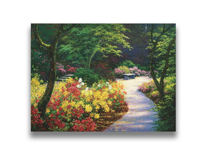 A painting of a lush garden path surrounded by vibrant red, yellow, and pink flowers and green trees. Printed on canvas.