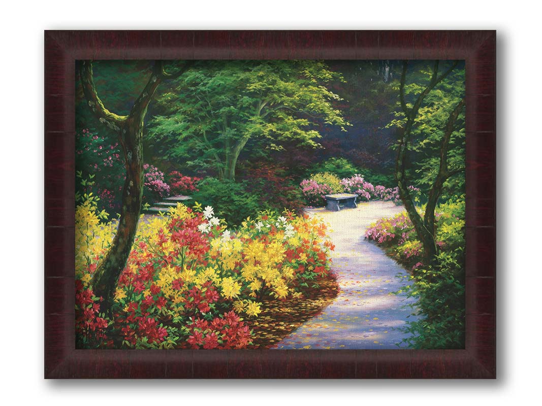 A painting of a lush garden path surrounded by vibrant red, yellow, and pink flowers and green trees. Printed on canvas and framed.