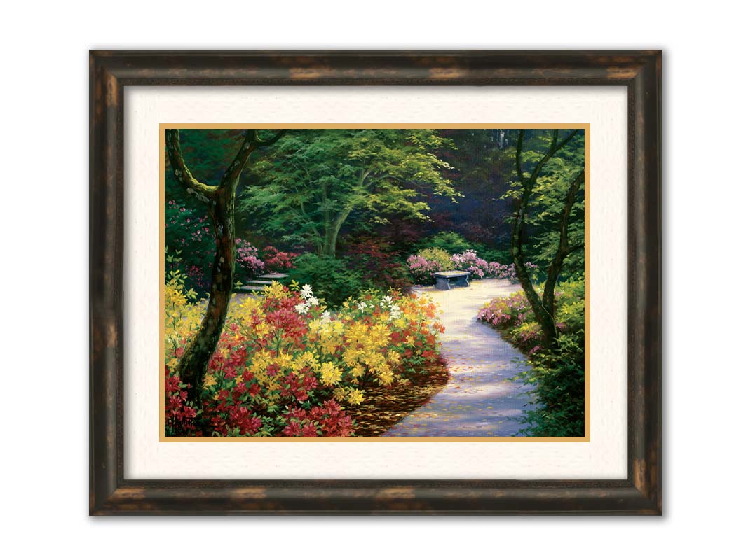 A painting of a lush garden path surrounded by vibrant red, yellow, and pink flowers and green trees. Printed on paper, matted, and framed.