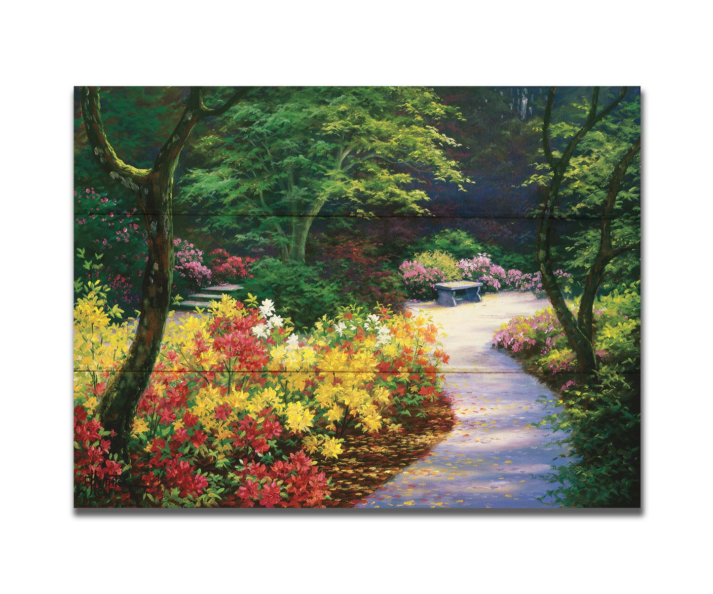 A painting of a lush garden path surrounded by vibrant red, yellow, and pink flowers and green trees. Printed on a box board.