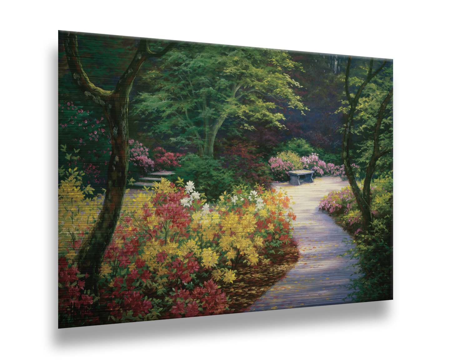 A painting of a lush garden path surrounded by vibrant red, yellow, and pink flowers and green trees. Printed on metal.