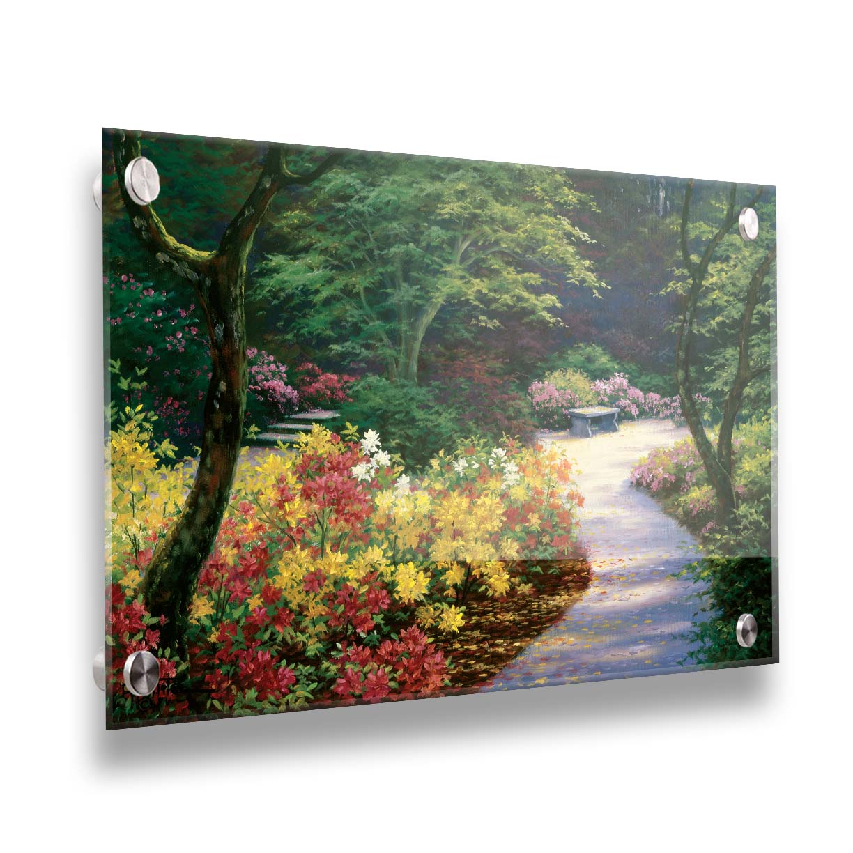 A painting of a lush garden path surrounded by vibrant red, yellow, and pink flowers and green trees. Printed on acrylic.