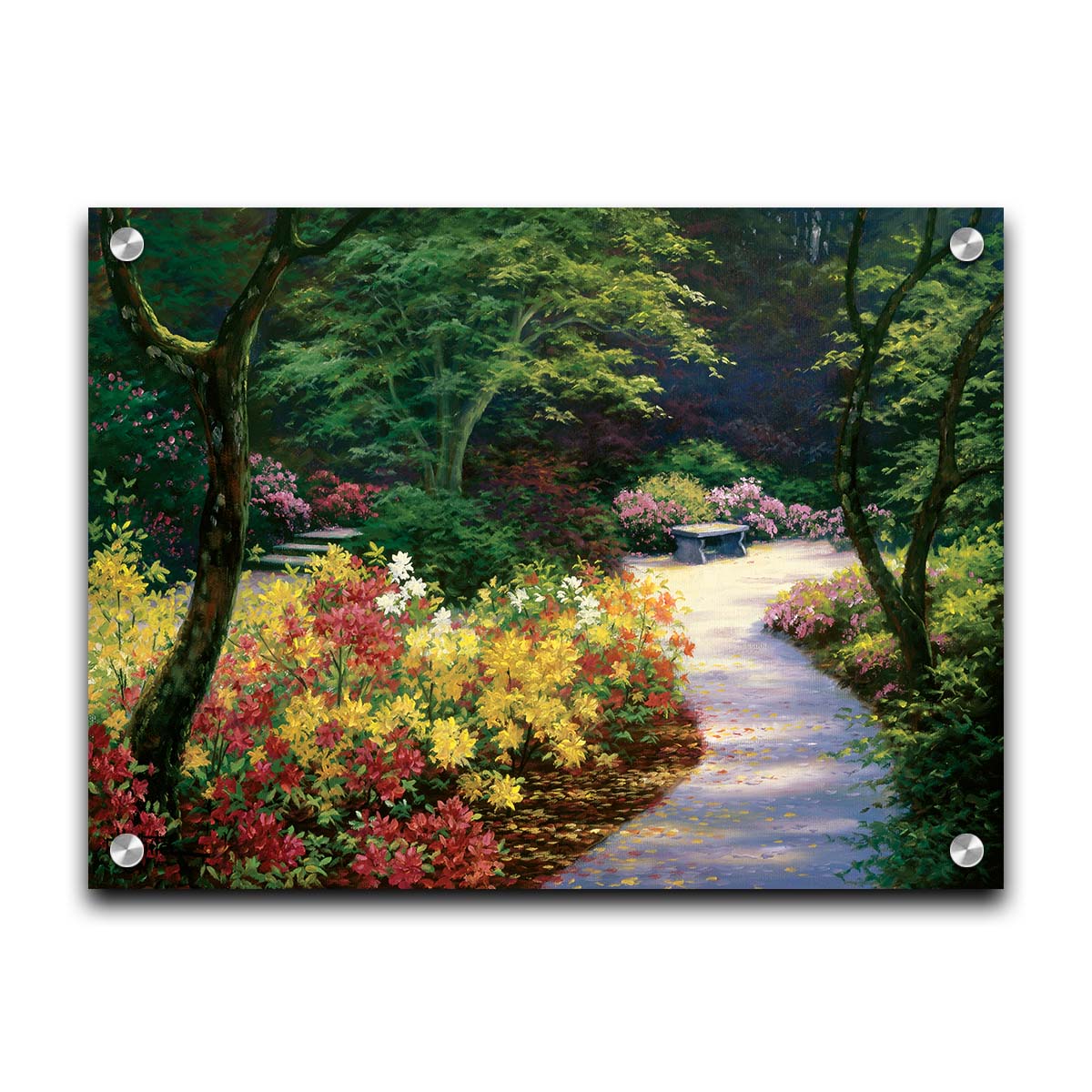 A painting of a lush garden path surrounded by vibrant red, yellow, and pink flowers and green trees. Printed on acrylic.