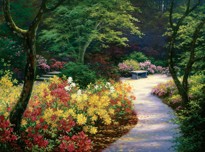 A painting of a lush garden path surrounded by vibrant red, yellow, and pink flowers and green trees.