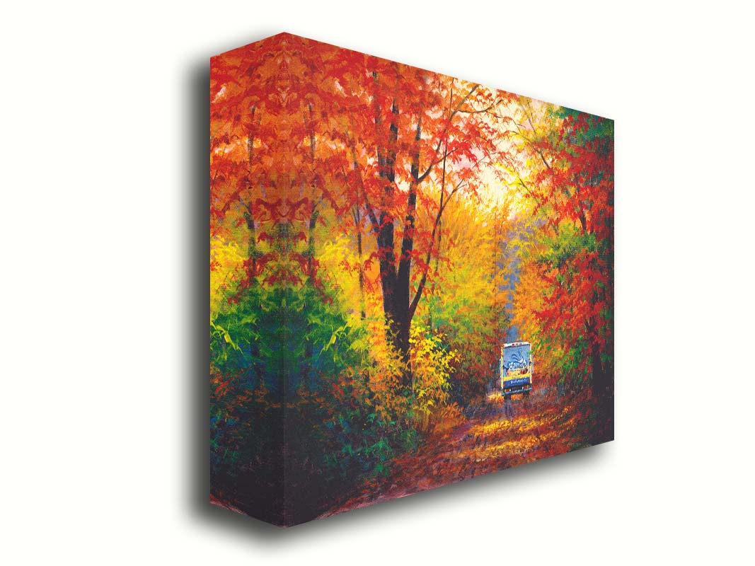 A painting of a road through the fall woods, with colorful leaves. A Schwan's food delivery truck drives away down the road. Printed on canvas.