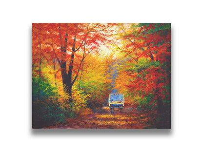 A painting of a road through the fall woods, with colorful leaves. A Schwan's food delivery truck drives away down the road. Printed on canvas.