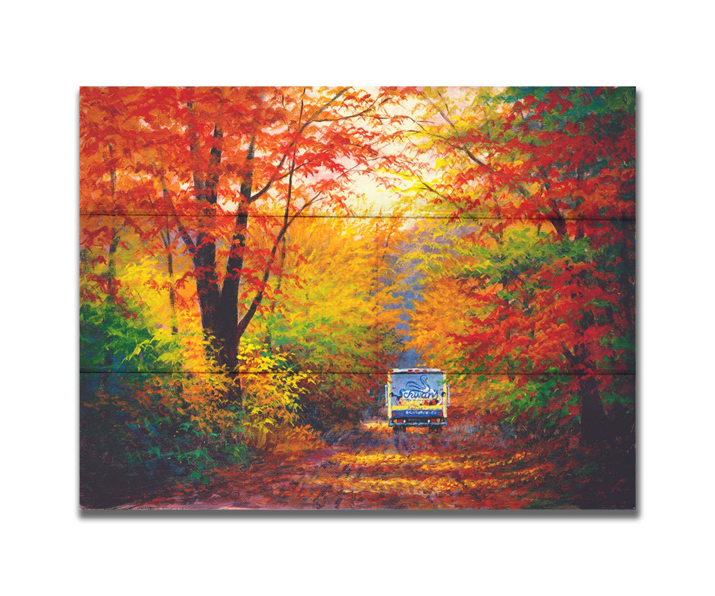 A painting of a road through the fall woods, with colorful leaves. A Schwan's food delivery truck drives away down the road. Printed on a box board.