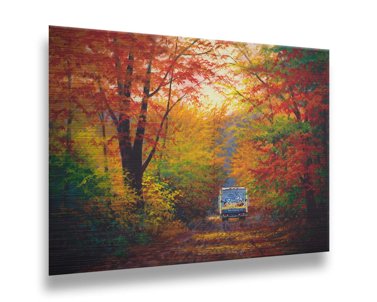 A painting of a road through the fall woods, with colorful leaves. A Schwan's food delivery truck drives away down the road. Printed on metal.