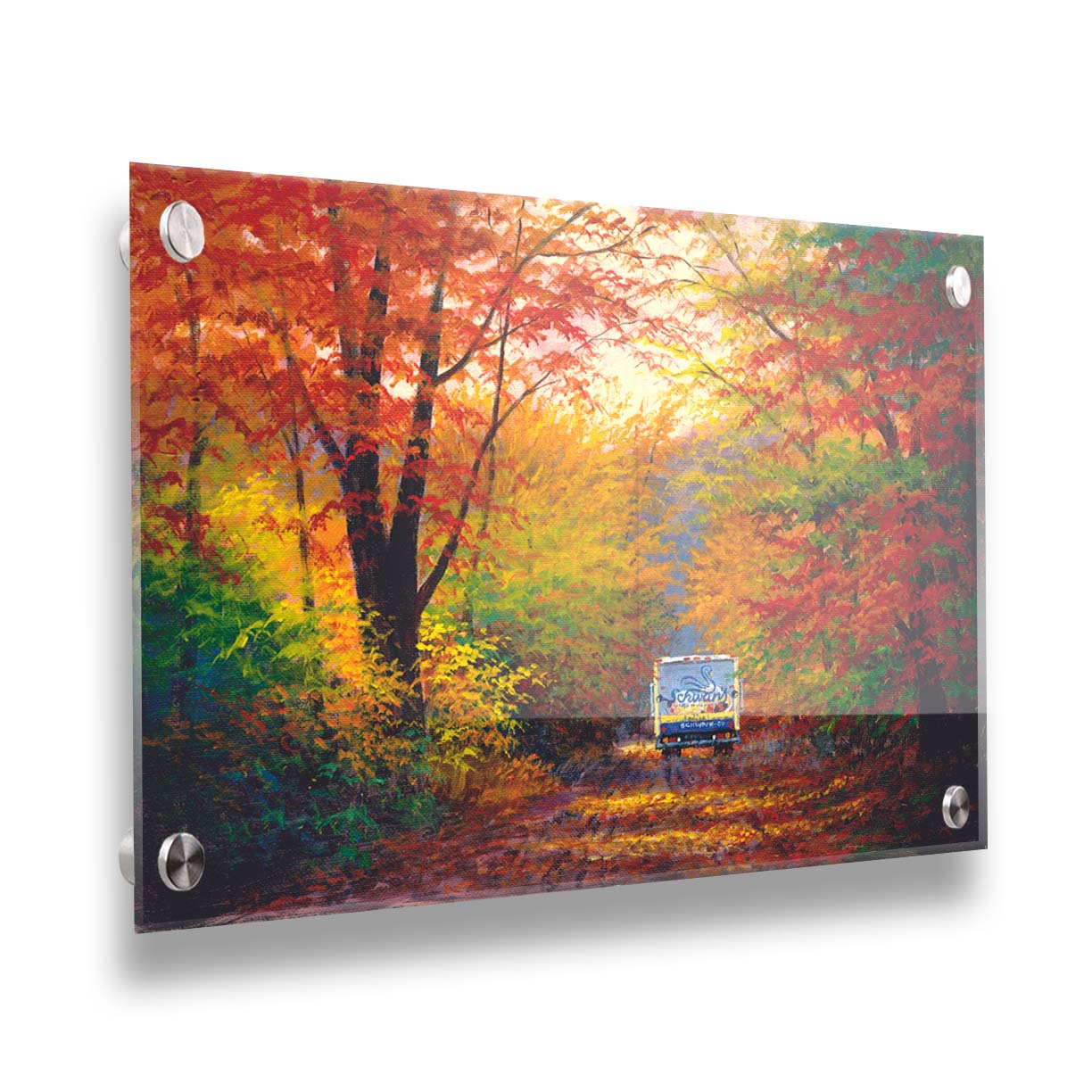 A painting of a road through the fall woods, with colorful leaves. A Schwan's food delivery truck drives away down the road. Printed on acrylic.