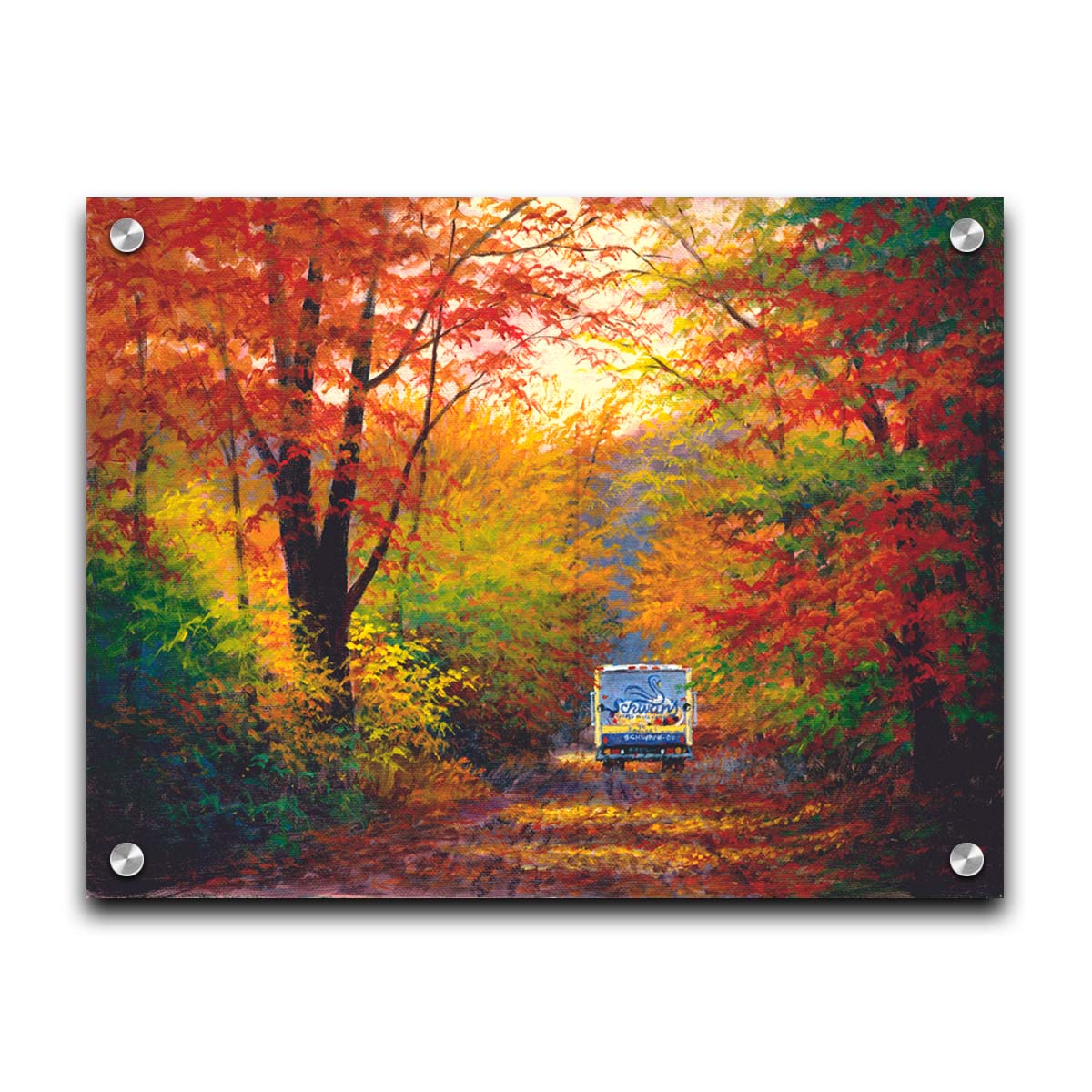 A painting of a road through the fall woods, with colorful leaves. A Schwan's food delivery truck drives away down the road. Printed on acrylic.