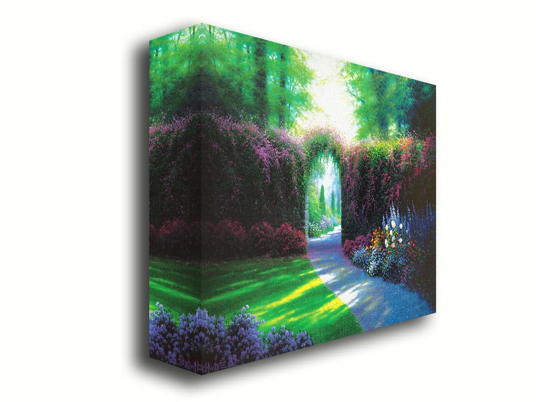 A painting of a garden path, adorned with vibrant flowerbeds. Around the garden stands a wall covered in flowering vines, with an archway for the path. Printed on canvas.