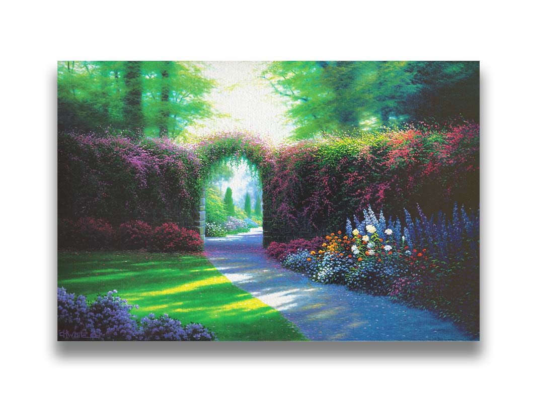 A painting of a garden path, adorned with vibrant flowerbeds. Around the garden stands a wall covered in flowering vines, with an archway for the path. Printed on canvas.