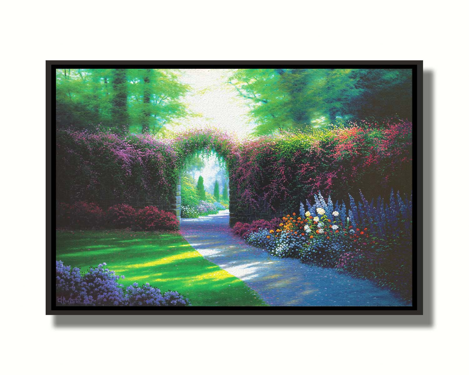 A painting of a garden path, adorned with vibrant flowerbeds. Around the garden stands a wall covered in flowering vines, with an archway for the path. Printed on canvas in a float frame.