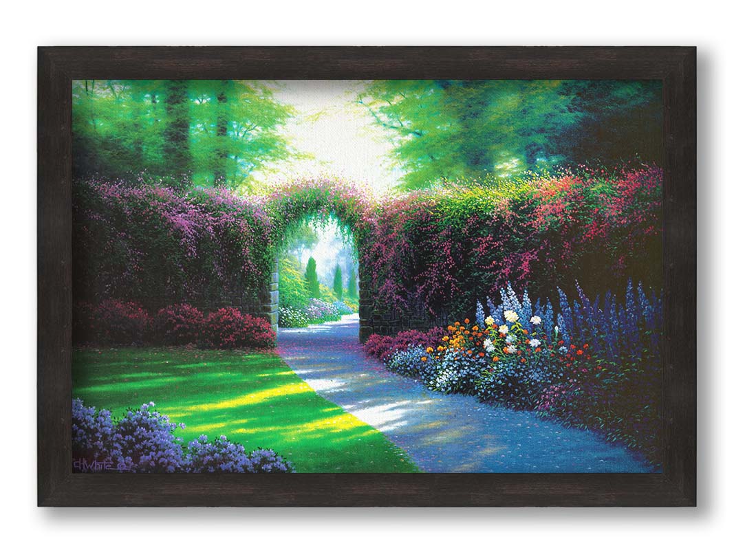 A painting of a garden path, adorned with vibrant flowerbeds. Around the garden stands a wall covered in flowering vines, with an archway for the path. Printed on canvas and framed.