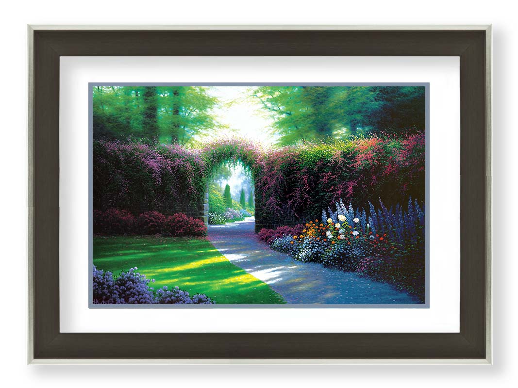 A painting of a garden path, adorned with vibrant flowerbeds. Around the garden stands a wall covered in flowering vines, with an archway for the path. Printed on paper, matted, and framed.