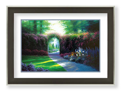 A painting of a garden path, adorned with vibrant flowerbeds. Around the garden stands a wall covered in flowering vines, with an archway for the path. Printed on paper, matted, and framed.