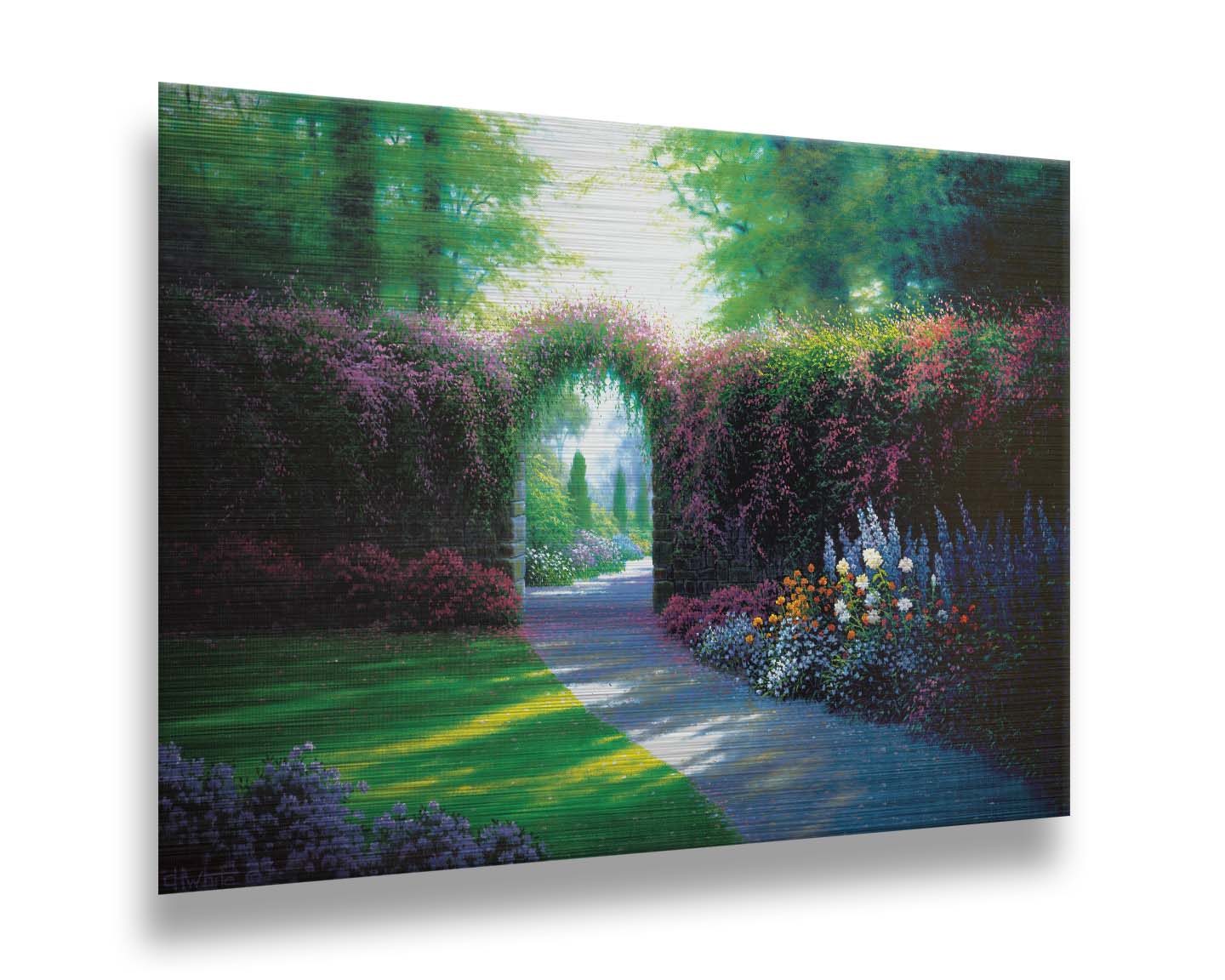 A painting of a garden path, adorned with vibrant flowerbeds. Around the garden stands a wall covered in flowering vines, with an archway for the path. Printed on metal.