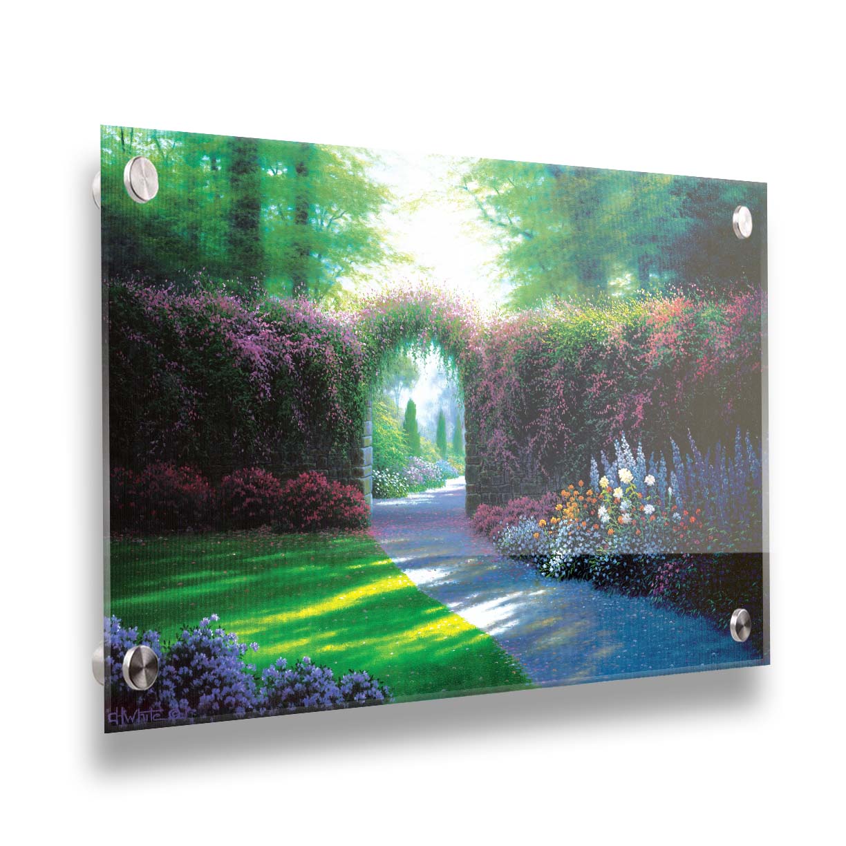 A painting of a garden path, adorned with vibrant flowerbeds. Around the garden stands a wall covered in flowering vines, with an archway for the path. Printed on acrylic.