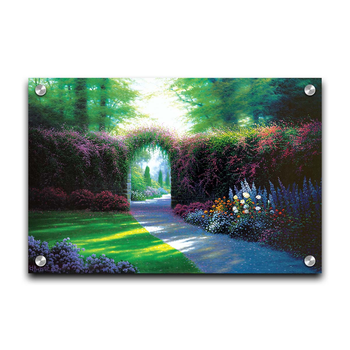 A painting of a garden path, adorned with vibrant flowerbeds. Around the garden stands a wall covered in flowering vines, with an archway for the path. Printed on acrylic.